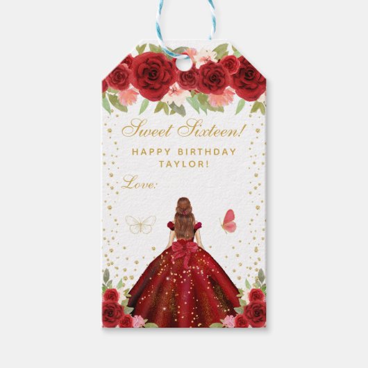 Red Floral Brown Hair Princess Sweet Sixteen Cadeaulabel (Voorkant)