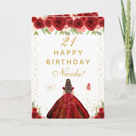 Red Floral Brunette Hair Girl Birthday Kaart