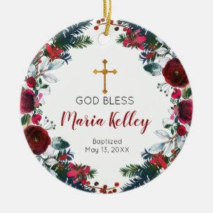Red Floral Burgundy Persoonlijk meisje Baptisme Keramisch Ornament