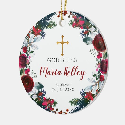 Red Floral Burgundy Persoonlijk meisje Baptisme Keramisch Ornament (Links)