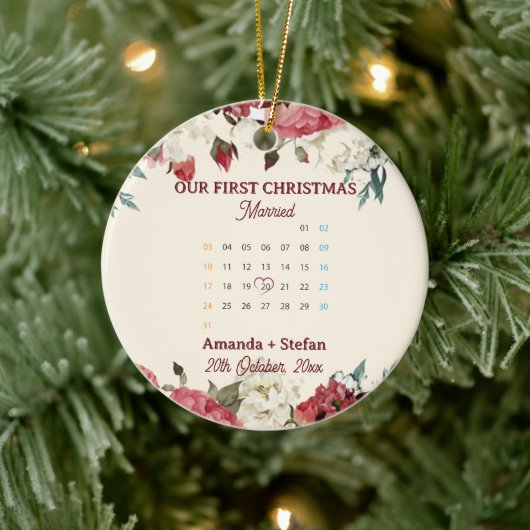 Red Floral Calendar Our First Christmas Married  Keramisch Ornament (Boom)