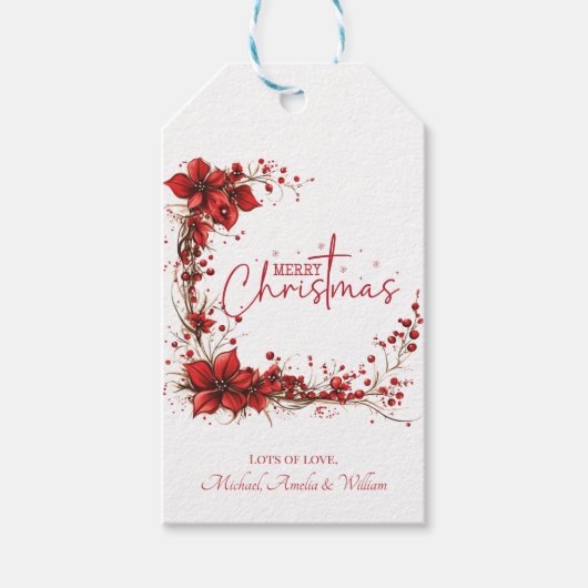 Red Floral Christmas Wreath Elegant Holiday Cadeaulabel (Voorkant)