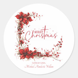 Red Floral Christmas Wreath – Elegant Holiday Ronde Sticker