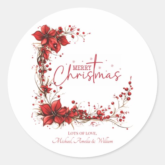 Red Floral Christmas Wreath – Elegant Holiday Ronde Sticker (Voorkant)