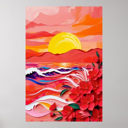 Red Floral Coast Quilling Art with Sunrise Waves & Poster (Voorkant)