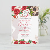 Red Floral Crest Roos Charro Quinceañera Kaart (Staand voorkant)