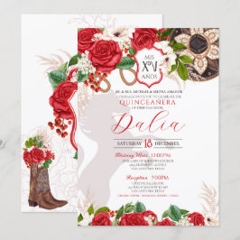 Red Floral Crest Roos Charro Quinceañera Kaart