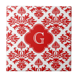 Red Floral Damask #3 met Monogram LG Tegeltje