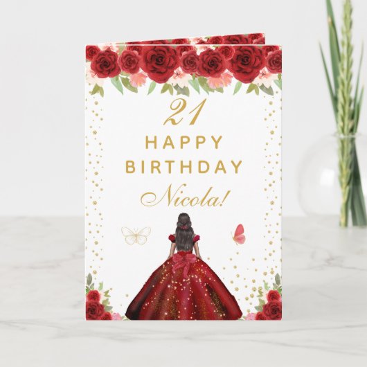 Red Floral Dark Skin Girl Birthday Kaart (Voorkant)