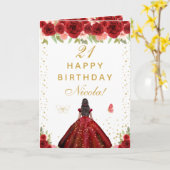 Red Floral Dark Skin Girl Birthday Kaart (Gele Bloem)