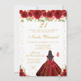 Red Floral Dark Skin Princess Birthday Party Kaart