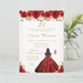 Red Floral Dark Skin Princess Birthday Party Kaart (Staand voorkant)