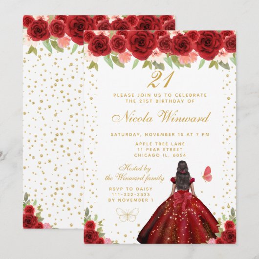 Red Floral Dark Skin Princess Birthday Party Kaart (Voorkant / Achterkant)