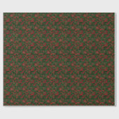  Red Floral Design on Green Faux Velvet Cadeaupapier (Vlak)