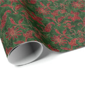  Red Floral Design on Green Faux Velvet Cadeaupapier (Rol Hoek)