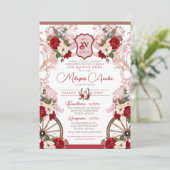 Red Floral Elegant Baroque Charro Quinceañera Kaart (Staand voorkant)