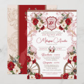 Red Floral Elegant Baroque Charro Quinceañera Kaart (Voorkant / Achterkant)