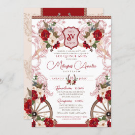 Red Floral Elegant Baroque Charro Quinceañera Kaart
