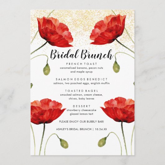 Red Floral Elegant Glitter Bridal Menu Brunch (Voorkant)