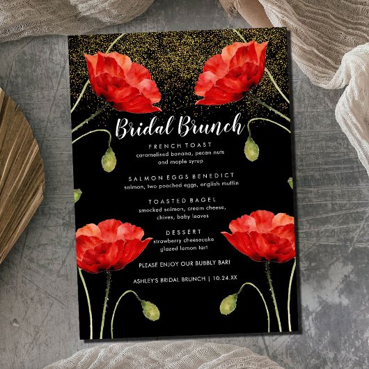 Red Floral Elegant Glitter Bridal Menu Brunch