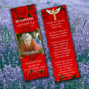 Red Floral Elegant Memorial Funeral Bladwijzer Mini Visitekaartjes