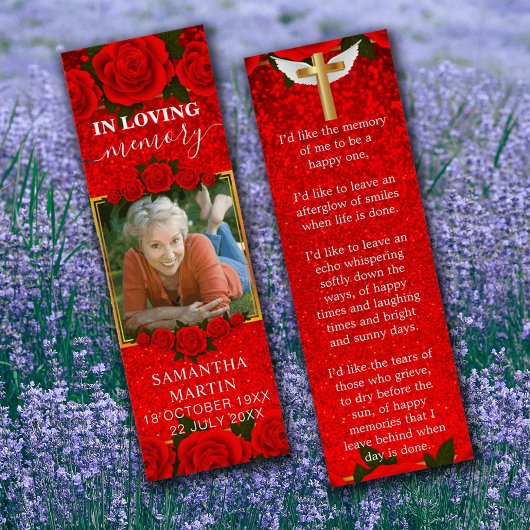 Red Floral Elegant Memorial Funeral Bladwijzer Mini Visitekaartjes