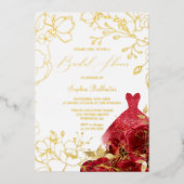 Red Floral en Dress Vrijgezellenfeest Gold Leaves Folie Uitnodiging (Voorkant)