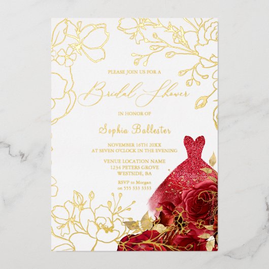 Red Floral en Dress Vrijgezellenfeest Gold Leaves Folie Uitnodiging (Voorkant)
