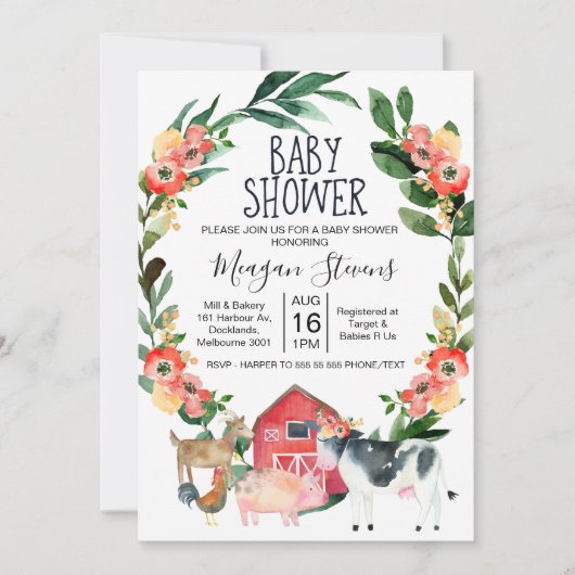 Red Floral Farm Animals Baby shower uitnodiging (Voorkant)