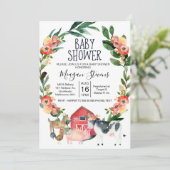 Red Floral Farm Animals Baby shower uitnodiging (Staand voorkant)