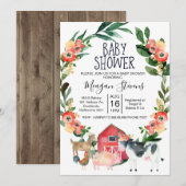 Red Floral Farm Animals Baby shower uitnodiging (Voorkant / Achterkant)