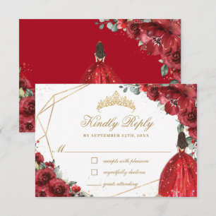 Red Floral Flower Quinceañera Gold Princess Crown RSVP Kaartje