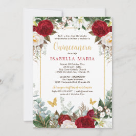 Red Floral Foto Quinceanera Invite in het Spaans Kaart