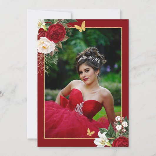 Red Floral Foto Quinceanera Invite in het Spaans Kaart (Achterkant)