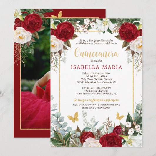 Red Floral Foto Quinceanera Invite in het Spaans Kaart (Voorkant / Achterkant)