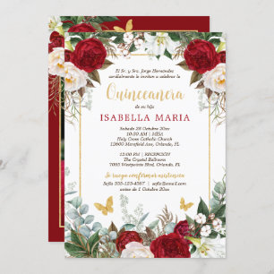 Red Floral Foto Quinceanera Invite in het Spaans Kaart