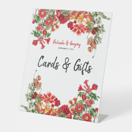 Red Floral Garden Flowers Weddenschappen Kaarten e Reclamebord Met Voetstuk