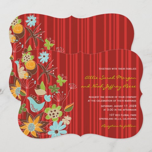Red Floral Garden Wedding Invite & Reception Kaart (Voorkant / Achterkant)