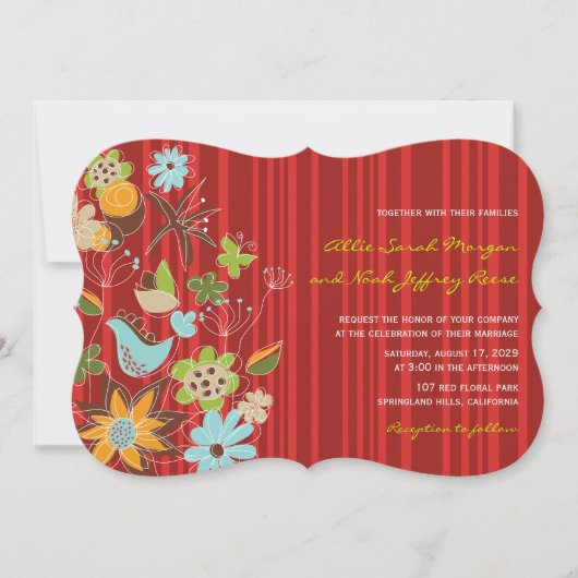 Red Floral Garden Wedding Invite & Reception Kaart (Voorkant)