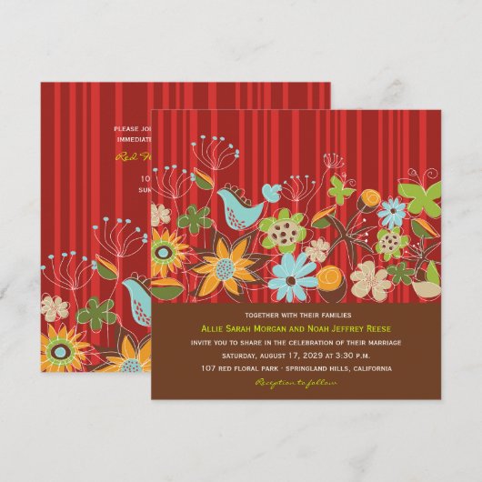 Red Floral Garden Wedding Invite & Reception Kaart (Voorkant / Achterkant)