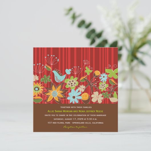 Red Floral Garden Wedding Invite & Reception Kaart (Staand voorkant)