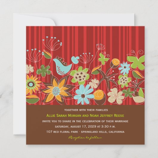 Red Floral Garden Wedding Invite & Reception Kaart (Voorkant)