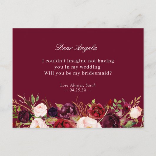 Red Floral Geometric wordt mijn bruidsmeisje Uitnodiging Briefkaart (Achterkant)