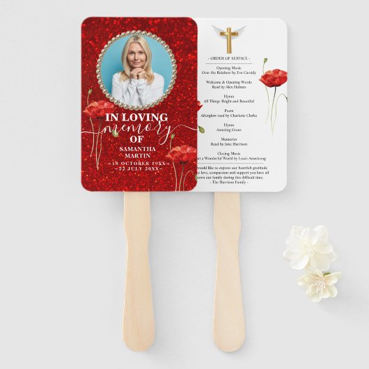 Red Floral Glitter Celebration of Life Hand Fan Handwaaier (Voorkant en achterkant)