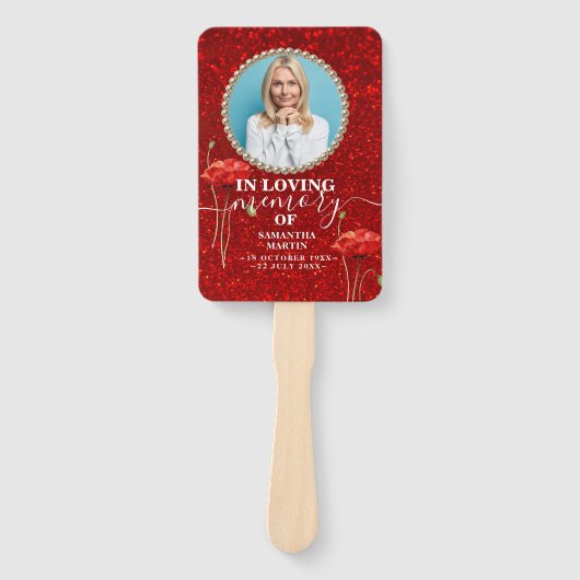Red Floral Glitter Celebration of Life Hand Fan Handwaaier (Voorkant)