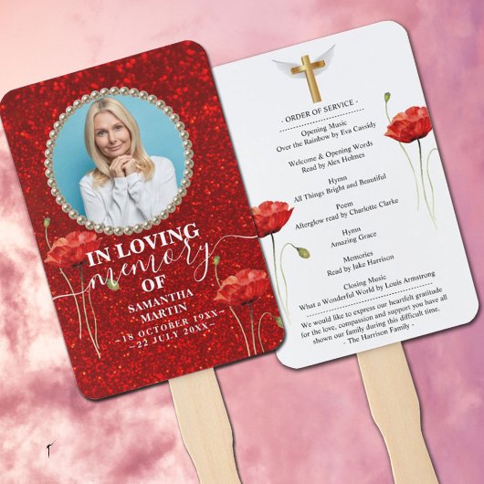 Red Floral Glitter Celebration of Life Hand Fan Handwaaier
