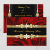 Red Floral Gold Black Elegant Birthday Party Kaart (Voorkant / Achterkant)