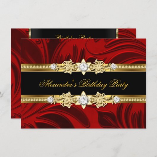 Red Floral Gold Black Elegant Birthday Party Kaart (Voorkant / Achterkant)