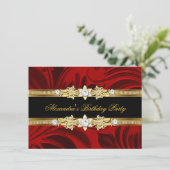 Red Floral Gold Black Elegant Birthday Party Kaart (Staand voorkant)