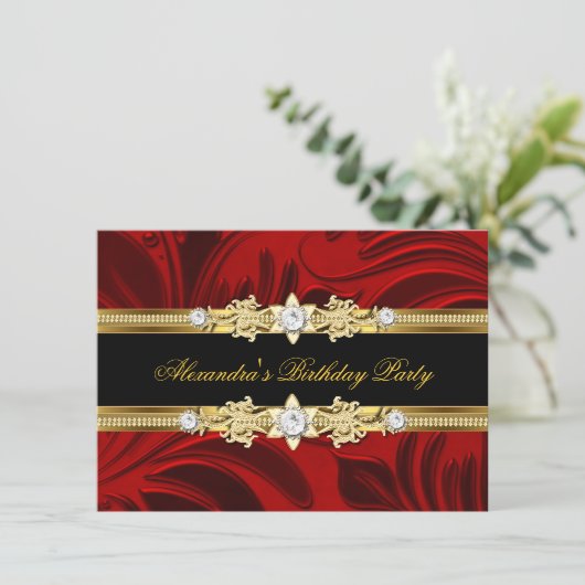 Red Floral Gold Black Elegant Birthday Party Kaart (Staand voorkant)